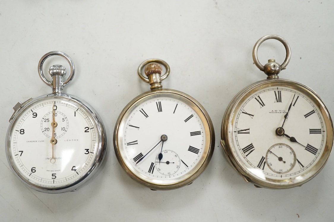 A George V silver cased goliath calendar moon phase open faced pocket watch, case diameter approx. 67mm(a.f.), together with five other pocket watches, including silver and white metal Waltham, a Camerer Cuss chrome case